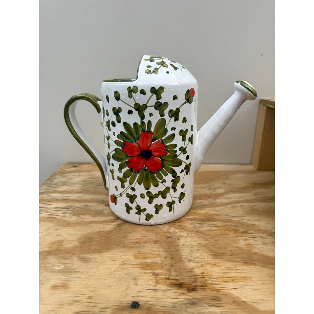 Vintage Hand Painted Ceramic Floral Watering Can Terracotta Pottery White Green